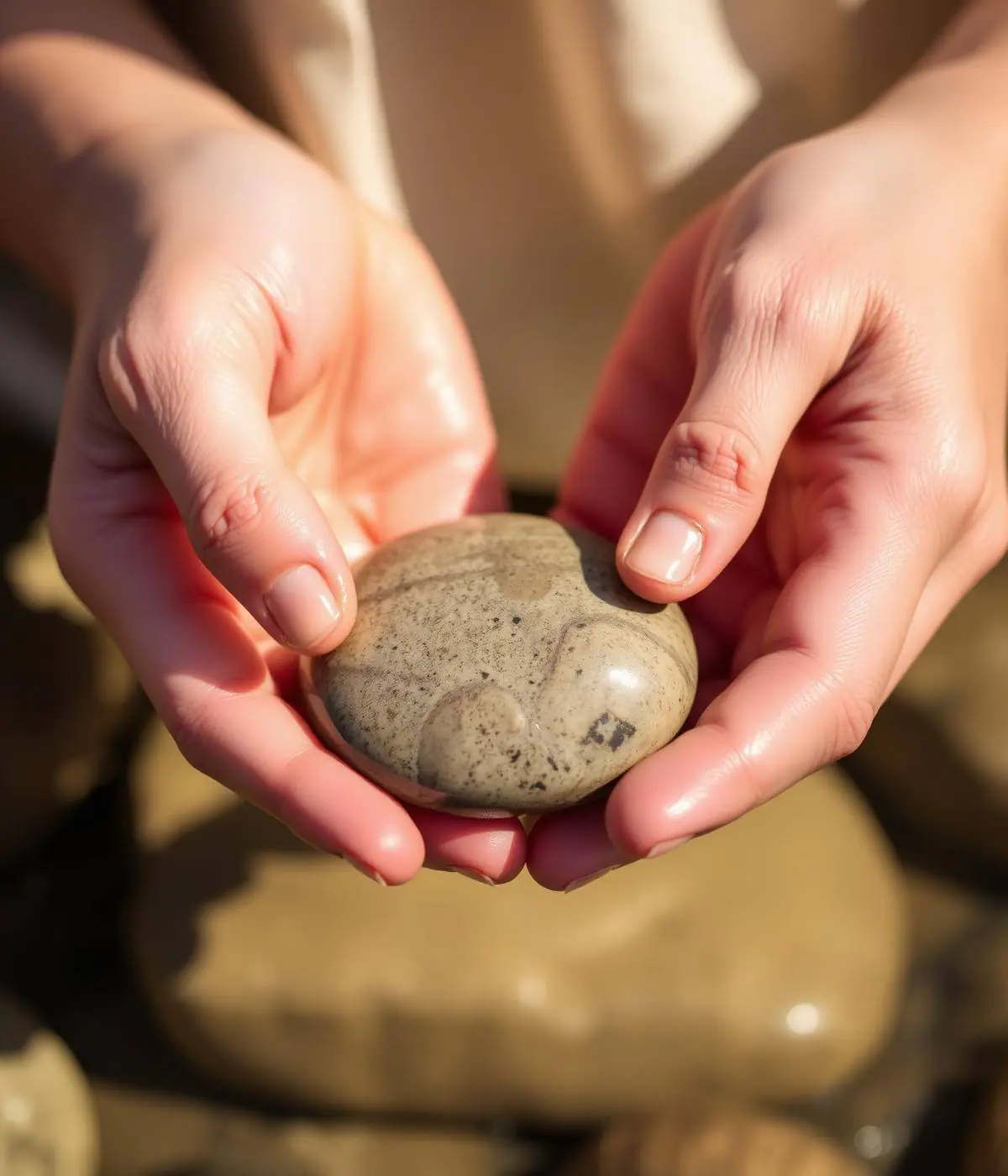Hands gently holding a river stone